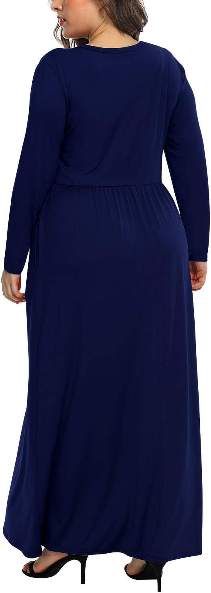 Chic Navy Blue Plus Size Long Sleeve Maxi Dress with Pockets for Curvy Women (24W)