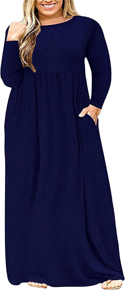 Chic Navy Blue Plus Size Long Sleeve Maxi Dress with Pockets for Curvy Women (24W)