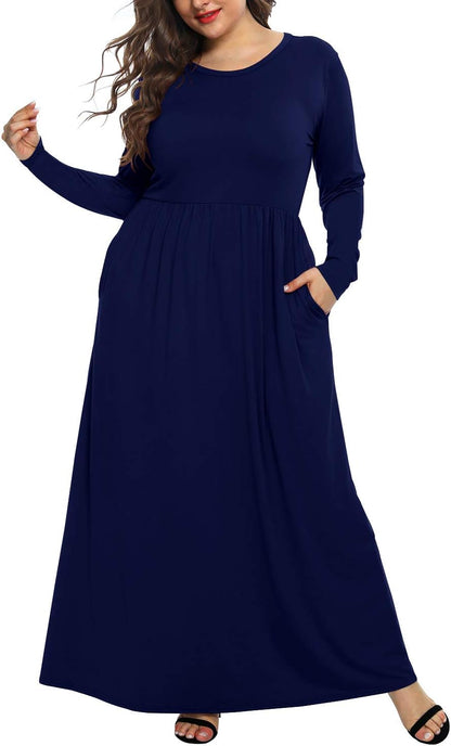 Chic Navy Blue Plus Size Long Sleeve Maxi Dress with Pockets for Curvy Women (24W)